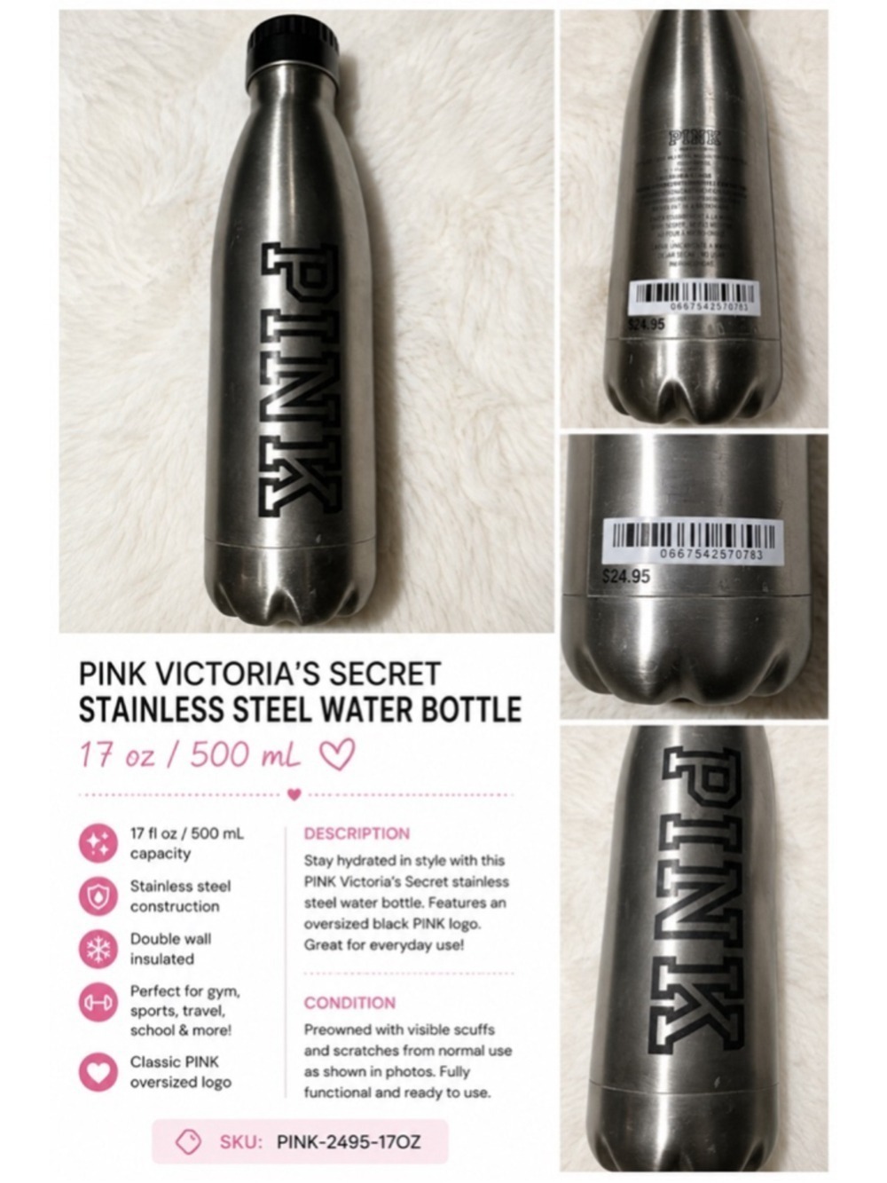 PINK Victoria’s Secret Stainless Steel Water Bottle Black Logo 17oz